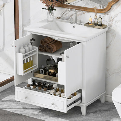 Ensemble de meuble-lavabo 30 po avec lavabo, armoire de salle de bain multifonctionnelle avec portes et tiroir, cadre solide et panneau de fibres à densité moyenne (blanc)