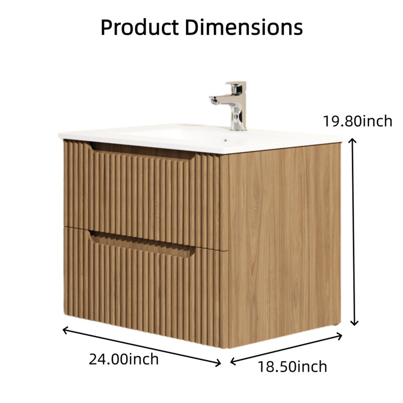 Meuble-lavabo mural 24 po avec lavabo à cuve blanche - Design flottant, finition noyer, peu encombrant pour une salle de bain moderne - Mobilier de salle de bain