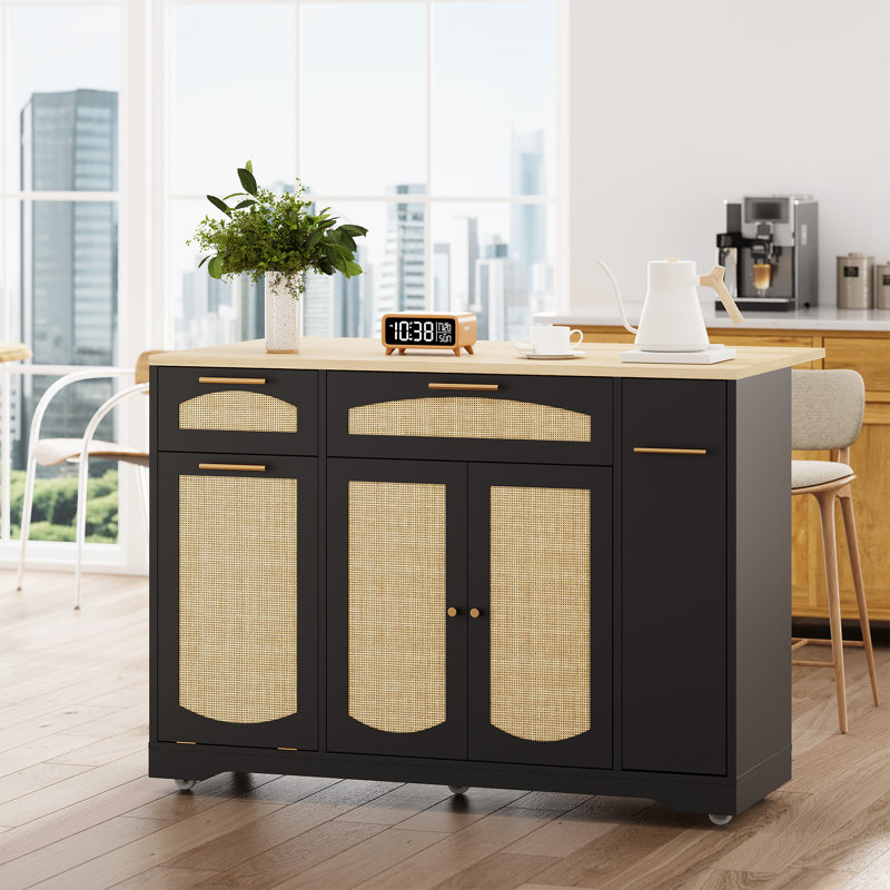 Îlot de cuisine sur roulettes 53,1 po, chariot pour îlot de cuisine roulant en rotin avec barre de petit-déjeuner à abattant, armoire à poubelle basculante