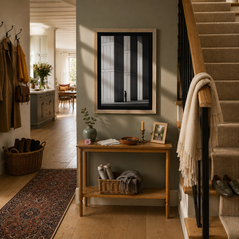 Figure Between Columns Industrial - Framed Print, A2 - 59.4 x 42.0 cm, Walnut