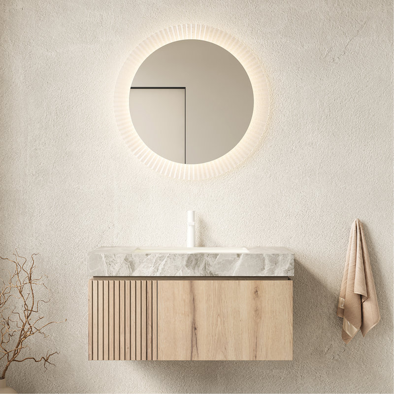 Meuble-lavabo suspendu de 91 cm (36 po) avec lavabo, comptoir en pierre frittée grise, armoire en chêne blanc et contreplaqué, tiroir et porte, grand espace de rangement, facile à installer