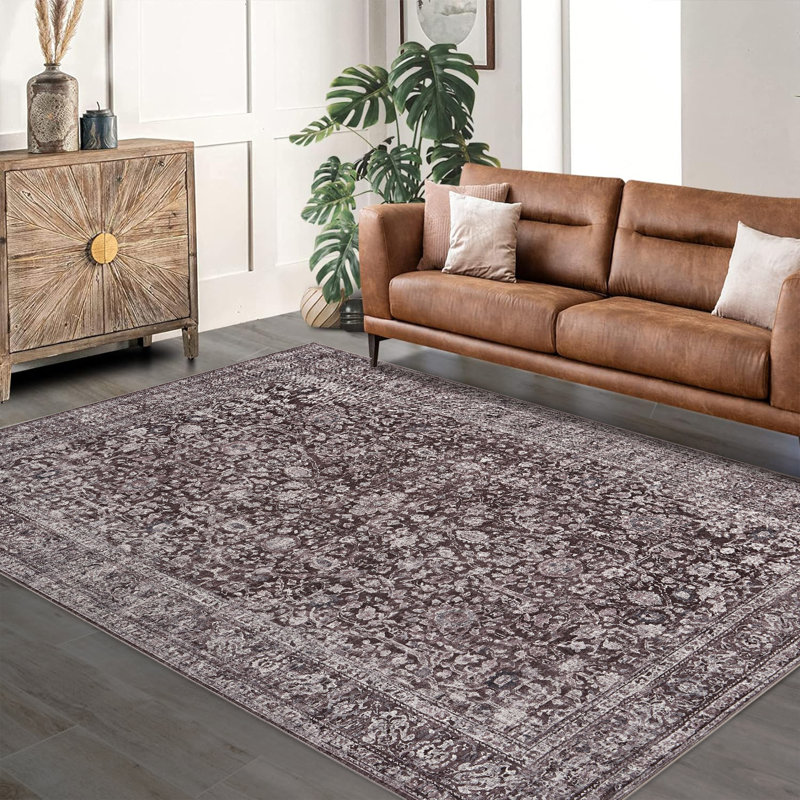 Tapis rétro brun à motif floral lavable et antidérapant pour le salon, la chambre, la salle à manger, la chambre d'enfant et l'entrée