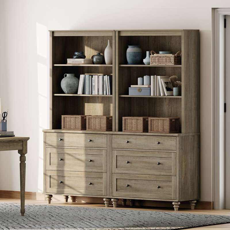 Bibliothèque Corretta 183 cm (H) x 172 cm (L) avec 3 tiroirs (lot de 2), bibliothèque haute avec 3 étagères ouvertes, grande bibliothèque en bois de style ferme pour salon, chambre, bureau ou cuisine.