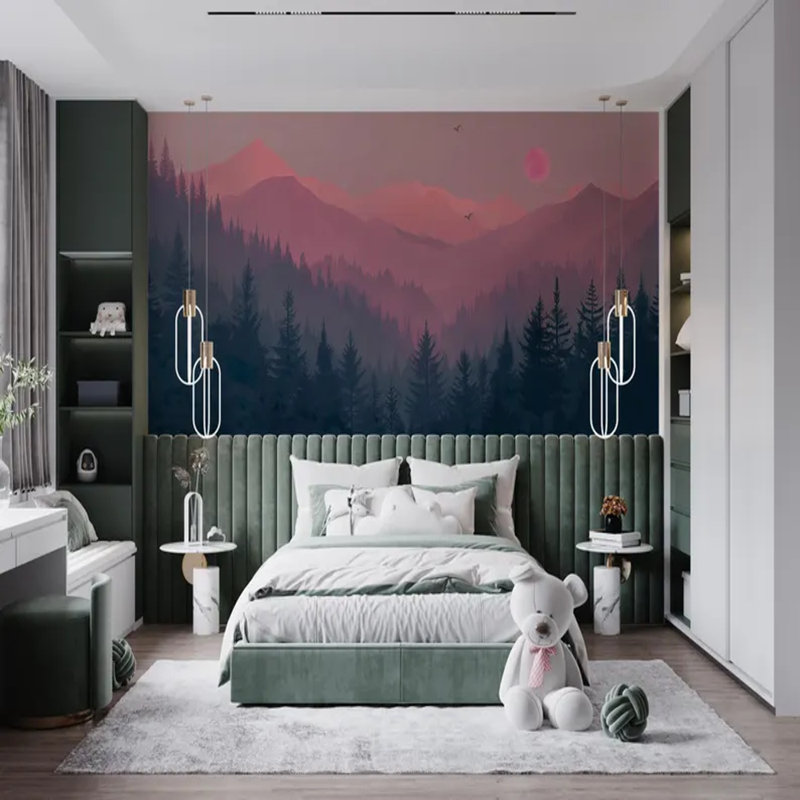 Coucher de soleil rose sur les montagnes boisées, L 117,96 po x l 236 po