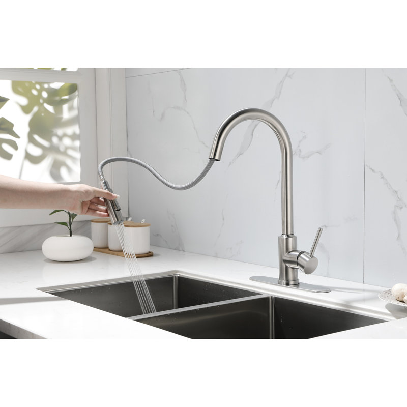 Kitchen Faucet With Pull Down - Brushed Nickel Look, Stainless Steel Build, 360 Rotating Nozzle For Convenient Water Access, Single Handle Temperature And Flow Regulation, Corrosion Coating Pull-Down