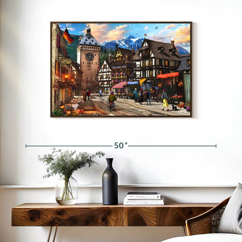 Village allemand, 37 po x 25 po, Cadre flottant noyer