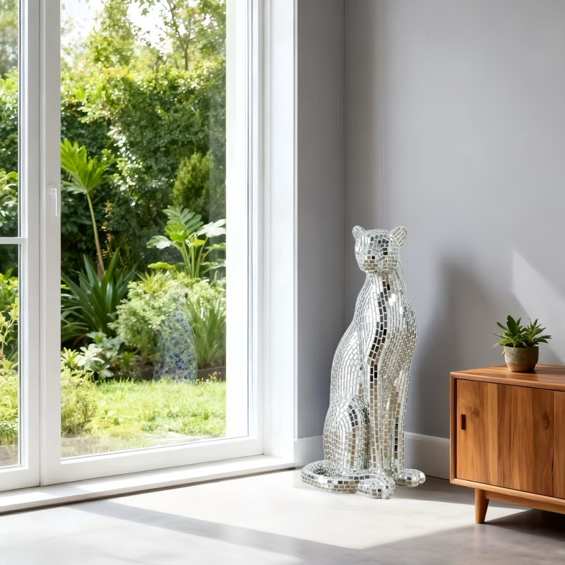 30.75" Silver Handcrafted Sitting Panther Home Decor Statue With Mosaic Mirrored Diamond Exterior Finish