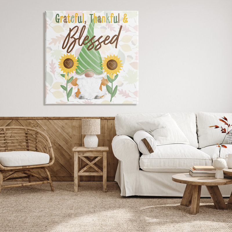 «Grateful Sentiment», typographie, gnome de jardin, tournesols, encadré noir, art texturé par Andi, Toile tendue