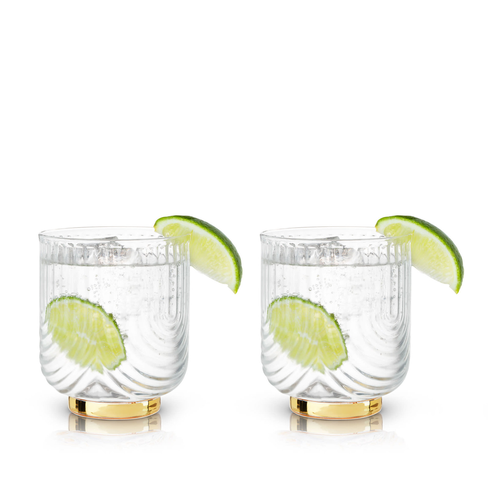 Viski Gatsby Lowball Glasses, Vintage Drinking Tumblers for Whiskey, Scotch & Bourbon, Art Deco Ripple Glassware Arch Design, Gold Plated Base Crystal Drinking Set