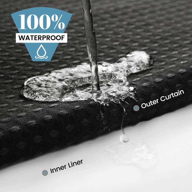 Rideau de douche No Hook avec ensemble de doublure encliquetable - Tissu imperméable à rayures chevron tissé gaufré noir, rideau Boho de luxe avec fenêtre supérieure en filet pour salle de bain d'hôtel, 71 po x 74 po