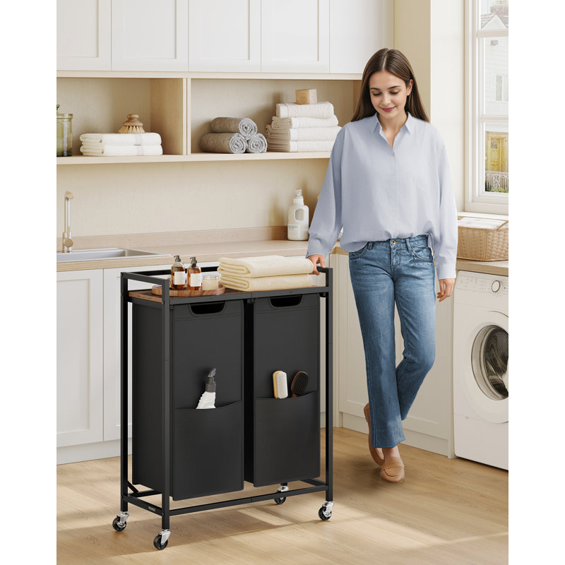 Laundry Basket, 29 Gal. (110 L) Laundry Hamper Sorter Cart With 2 Compartments, Storage Shelf, Wheels, Removable Bags, Pockets
