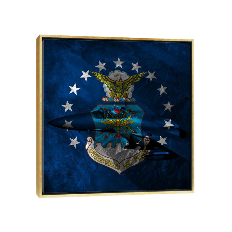 «Air-Force Flag», F-15, impression sur toile, H 12 po x l 12 po x P 1,5 po, Pas de tapis, Toile avec cadre doré