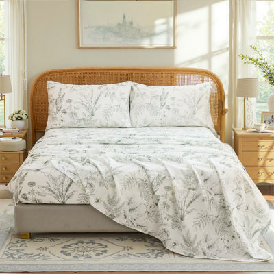 100% Cotton Sheet Set Queen Size – 4-Piece Chic Garden Floral Bedding Set, Soft Breathable Percale Weave, Deep Pocket Fitted Sheet 17.5", Crisp Cool Feel, Refined Botanical Elegance