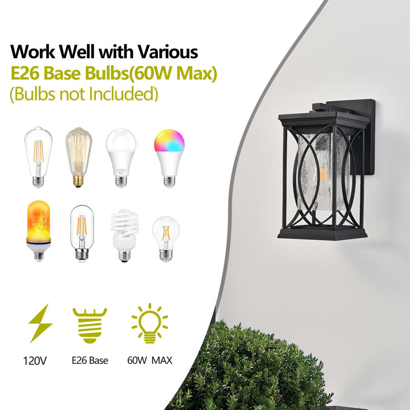 14" Black Outdoor Wall Lantern With Crackled Glass – Weather Resistant Exterior Light Fixture, Modern Sconce For Porch, Patio, Entryway, E26 Base (Bulb Not Included)