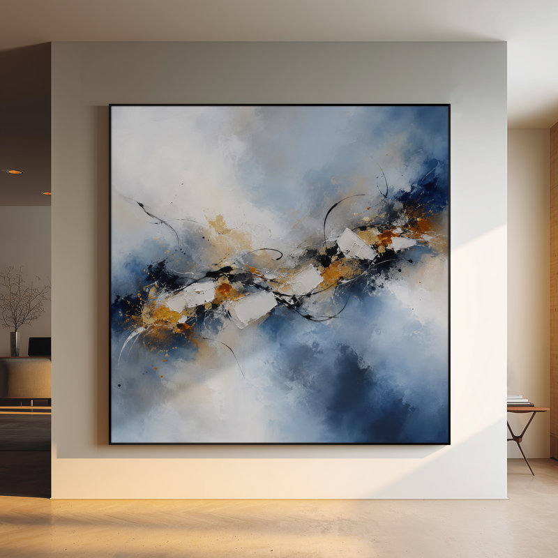 Impression sur tissu grand format - Motif abstrait dynamique bleu, gris et or pour salon ou chambre - « Assemblage du cadre requis (cadre non fini) »