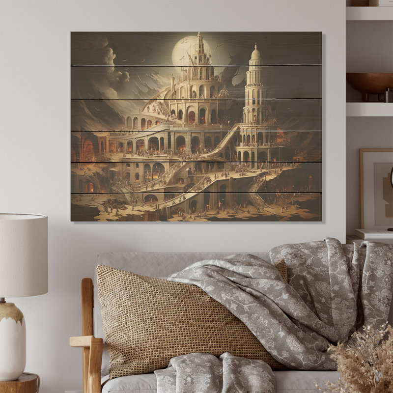 Tour de Babel Browns, terre religieuse - Art mural en bois Christianisme sur bois de pin naturel, H 30 po x l 40 po