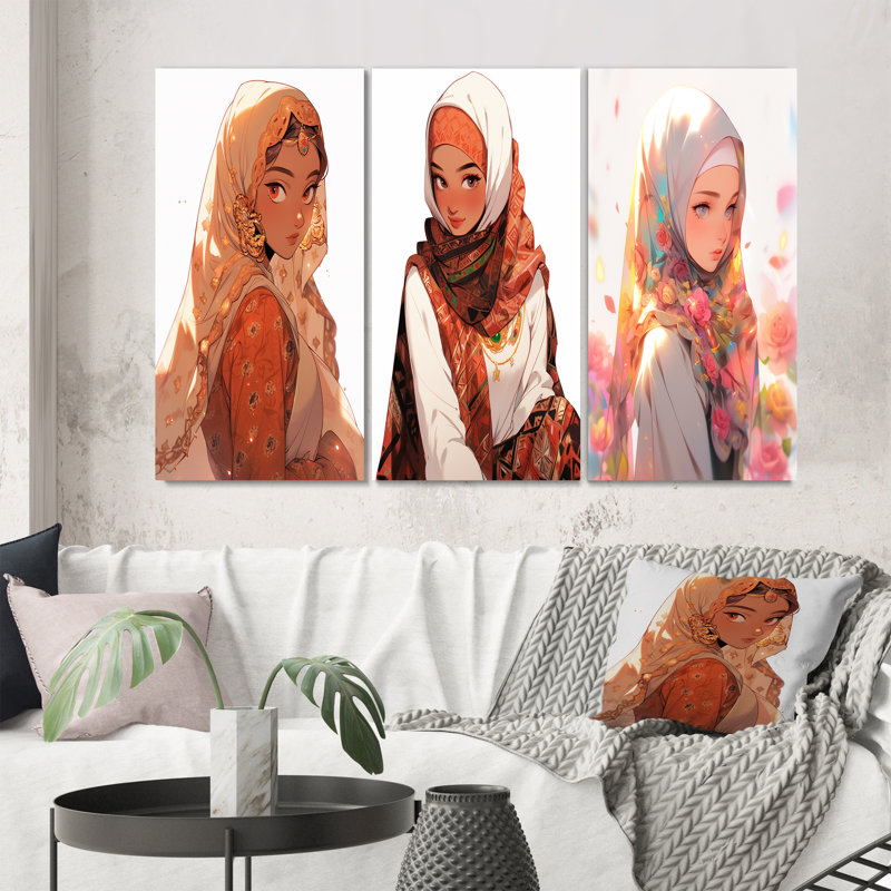"Portrait d'une jolie princesse Musulmane II", 3 pièces sur toile, Toile tendue, H 32 po x l 48 po