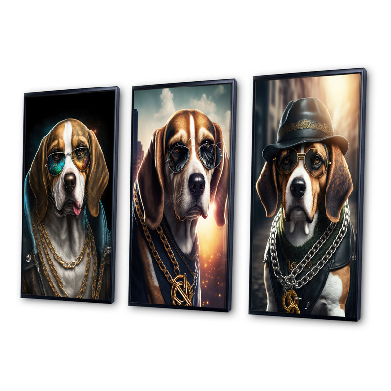 «Beagle Gangster In NYC», 3 pièces sur toile, Noir, H 32 po x l 48 po