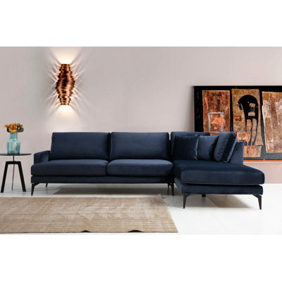 Stylish Corner Sofa, Navy Blue Fabric, 111.4 x 70.9 x 34.6 inches | Durable Beech Wood & Chipboard Frame, 100% Polyester, Dry-Cleanable, Soft Grey Foam & Silicone Cushions | Modern Industrial Design with Matt Black Metal Legs