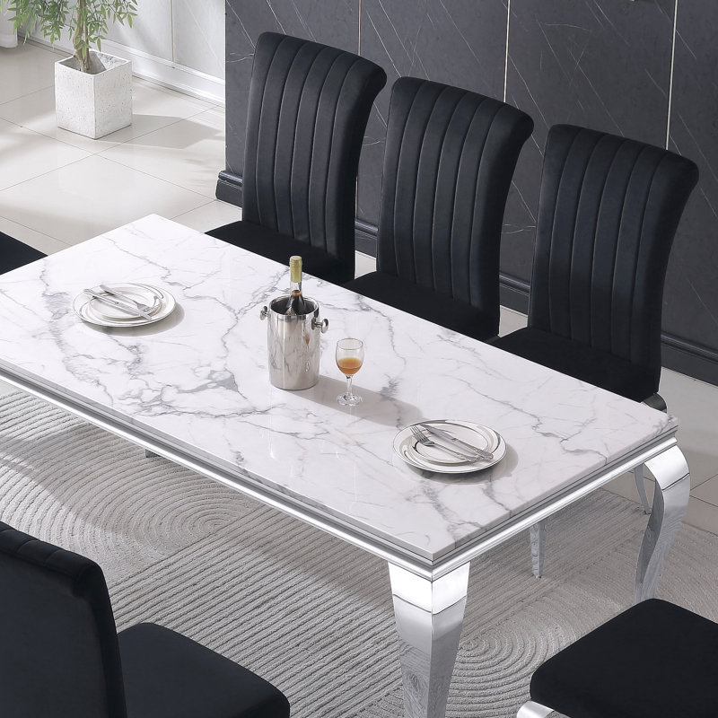 Tywona 70" Faux Marble Top Metal Base Dining Table, Silver