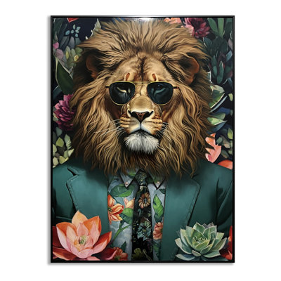 Art mural en toile Lion en costume vert - 30 po x 40 po - Cadre noir