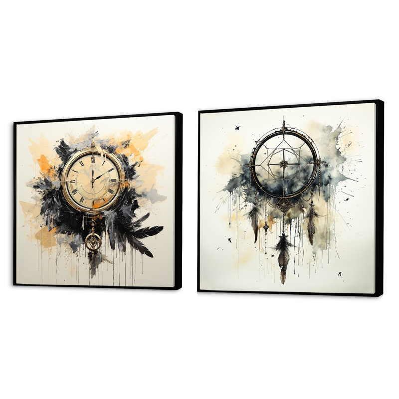Beige et gris Dreams Keepers - Ensemble de 2 colliers carrés Dream Catcher, Cadre flottant noir, H 16 po x l 33 po
