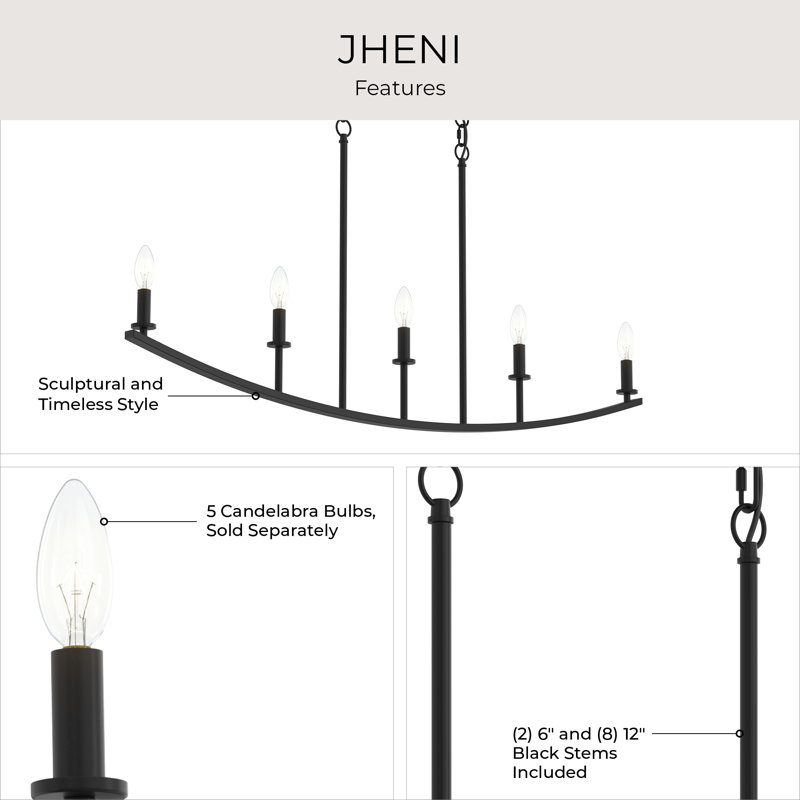 Jheni Five-Light Matte Black Linear Chandelier, Matte Black