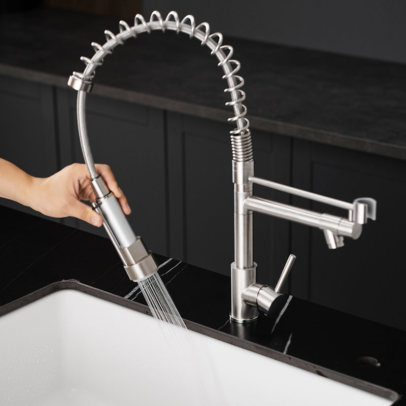 Single Lever Kitchen Sink Faucet, Stainless Steel, Brushed Nickel, Smooth Water Flow Nickel 360-Degree Rotation, Pull Down , Simple Handling