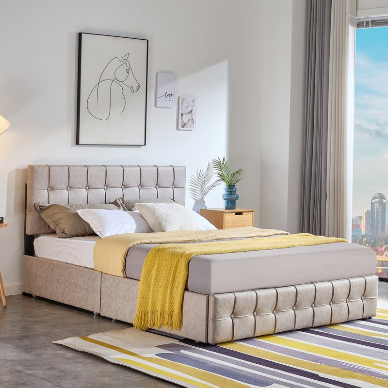 Lit plateforme capitonné avec rangement Floden, Double, Beige