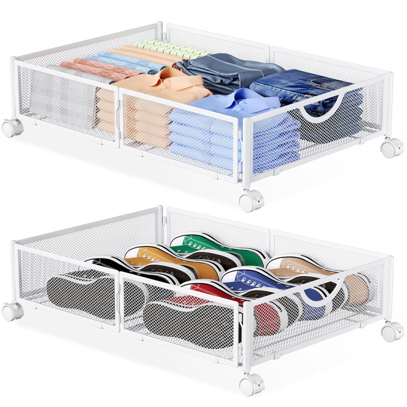 Rangement sous-lit à roulettes, rangement pour chaussures sous lit, cadre robuste entièrement métallique, pliable, roulettes pivotantes à 360°, montage sans outil, tiroirs de rangement sous lit pour chaussures, jouets, vêtements, lot de 2, (blanc)