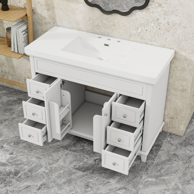 Meuble-lavabo de salle de bain avec lavabo en résine, 6 tiroirs à fermeture en douceur et portes doubles