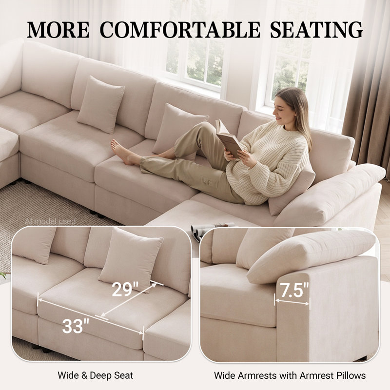 Canapé d'angle modulaire 7 pièces en chenille de 144 po avec pouf, assise large et profonde, Beige