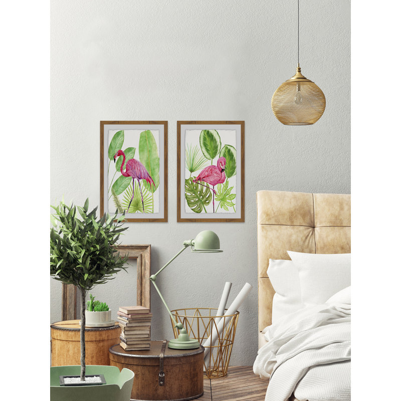 « tropical flamant rose iii », ensemble de 2 reproductions de peintures à l’acrylique encadrées, H 36 po x l 24 po x P 1,5 po
