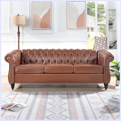 84.6" Faux Leather Upholstered Chesterfield Sofa Tufted Rolled-Arm 3-Seater Couch with Solid Wood Legs