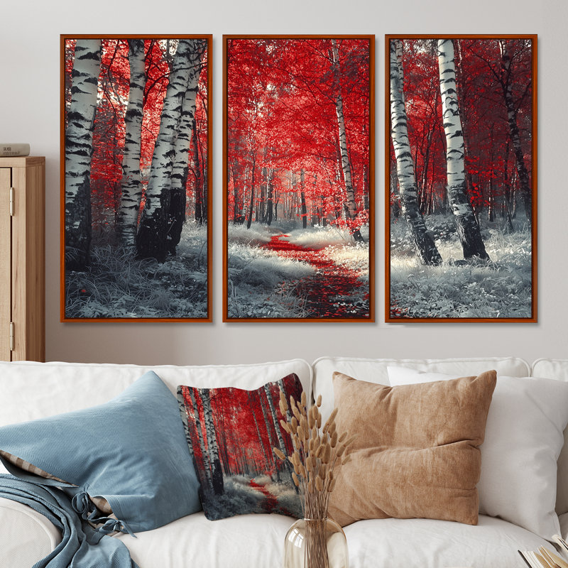 Bouleaux rouges, chemin forestier, Panorama III, ensemble d'art mural forêt, H 28 po x l 36 po x P 1 po