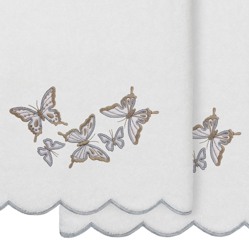  100% Turkish Cotton Britney Scallop 2PC Embellished Bath Towel Set, White/Gray, Bath Towels - 2 Pack