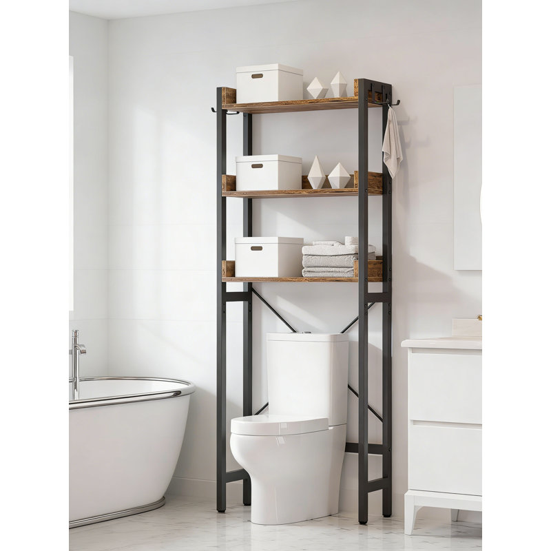 3-Tier Over The Toilet Storage Rack Freestanding With 4 Hooks Rustic Brown, Rustic Brown