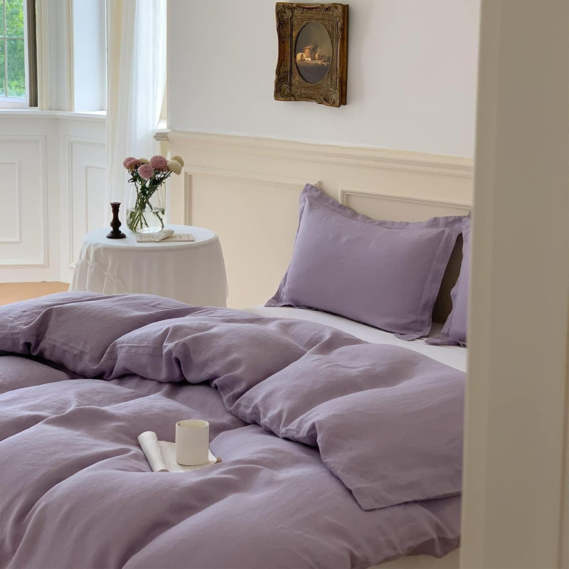 Ensemble de housse de couette 100% lin, Housse de couette simple + 1 taie d'oreiller, Lilas