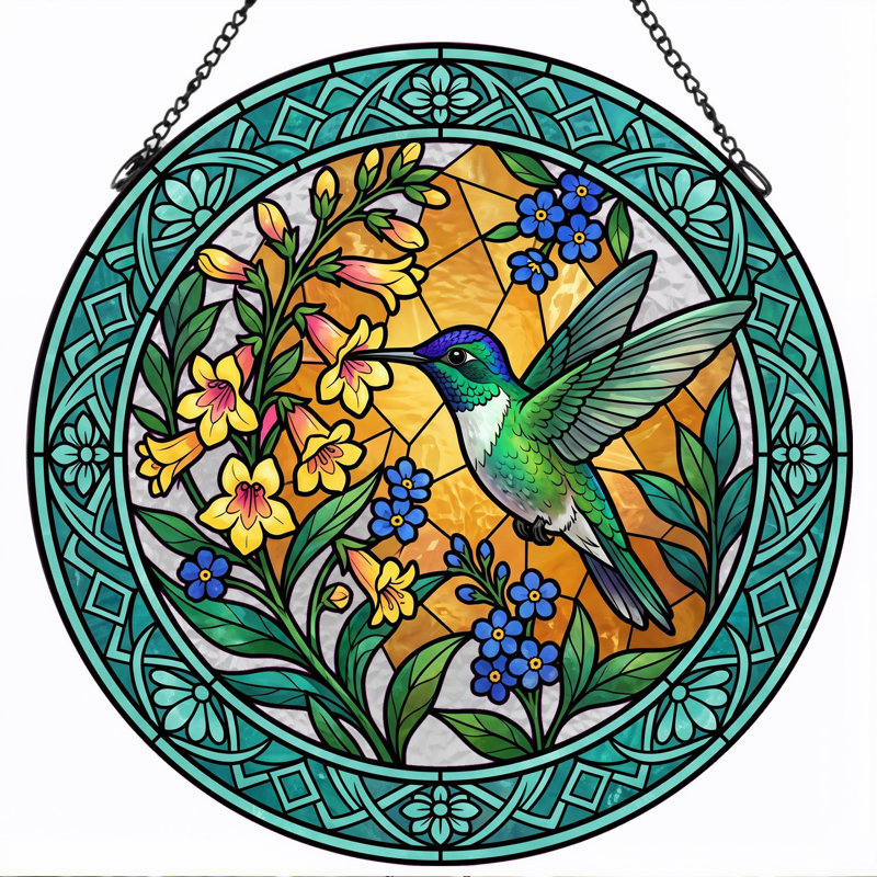 Panneau de vitrail à motif floral Colibri ， H 12 po, H 12 po