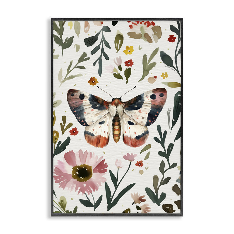 Estampe numérique Moth & Organic Flowers, design par The Dutch Lady, H 18 po x l 12 po, Giclée encadrée noir minuit