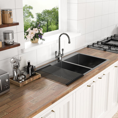 Double Bowl Drop In Sink- 33"X22" Double Bowl Kitchen Sink 18 Gauge With Two 9" Deep Basin