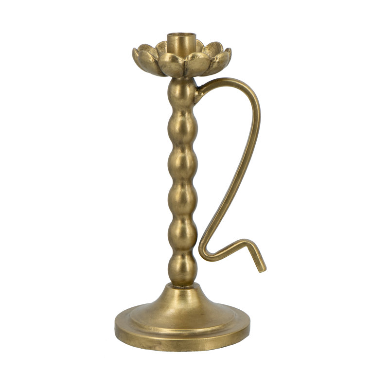 Porte-bougie décoratif en fer doré avec motif nervuré et poignée courbée, H 9,6 po x l 5,3 po x P 4,3 po