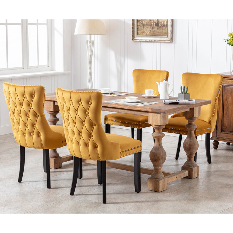 Upholstered Wing-Back Dining Chair with Backstitching Nailhead Trim and Solid Wood Legs,Set of 2, Golden