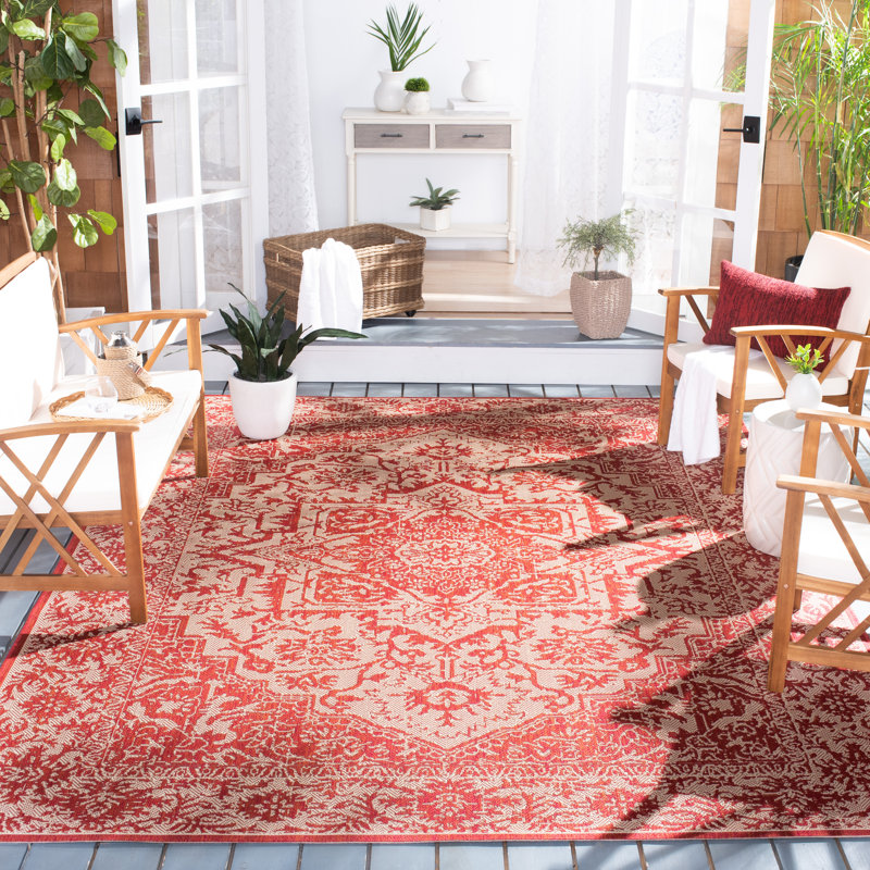 Tapis intérieur / extérieur rouge / crème Danya, Rectangle 4 pi x 6 pi