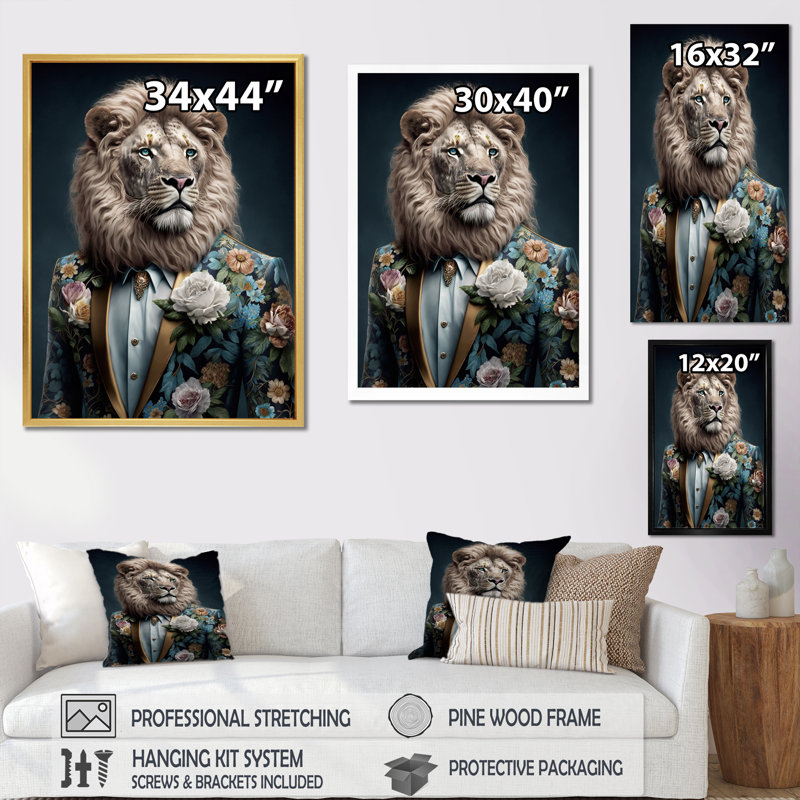 Glamour mode lion avec costume de fleurs - animaux lion, art mural salon, H 44 po x l 34 po x P 1,5 po, Cadre simple noir
