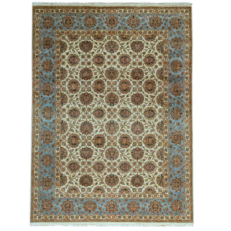 Tapis bleu / brun / ivoire noué à la main, Rectangle 8 pi 11 po x 11 pi 11 po