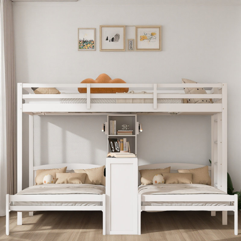 Lit superposé 3 lits en 1 avec bureau intégré, tablettes de rangement et lampe de lecture, Blanc