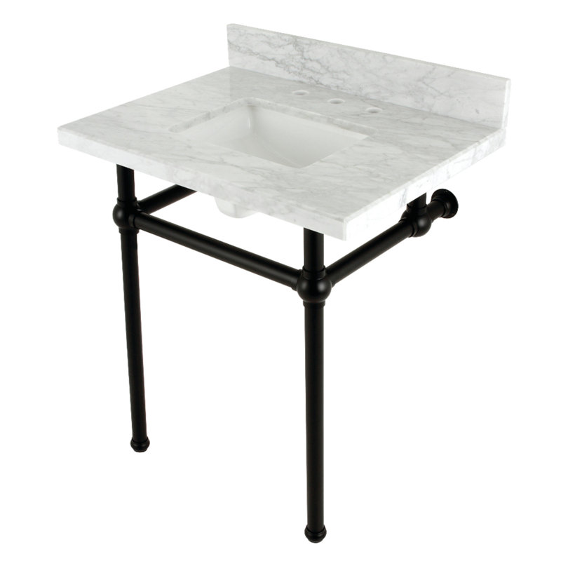Kingston Brass Templeton 30-Inch Carrara Marble Console Sink with Brass Legs (8-Inch, 3-Hole), White/Matte Black
