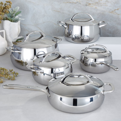 Batterie de cuisine BergHOFF Belly Tri-Ply 10 pièces en acier inoxydable 18/10 avec couvercles, Stellar