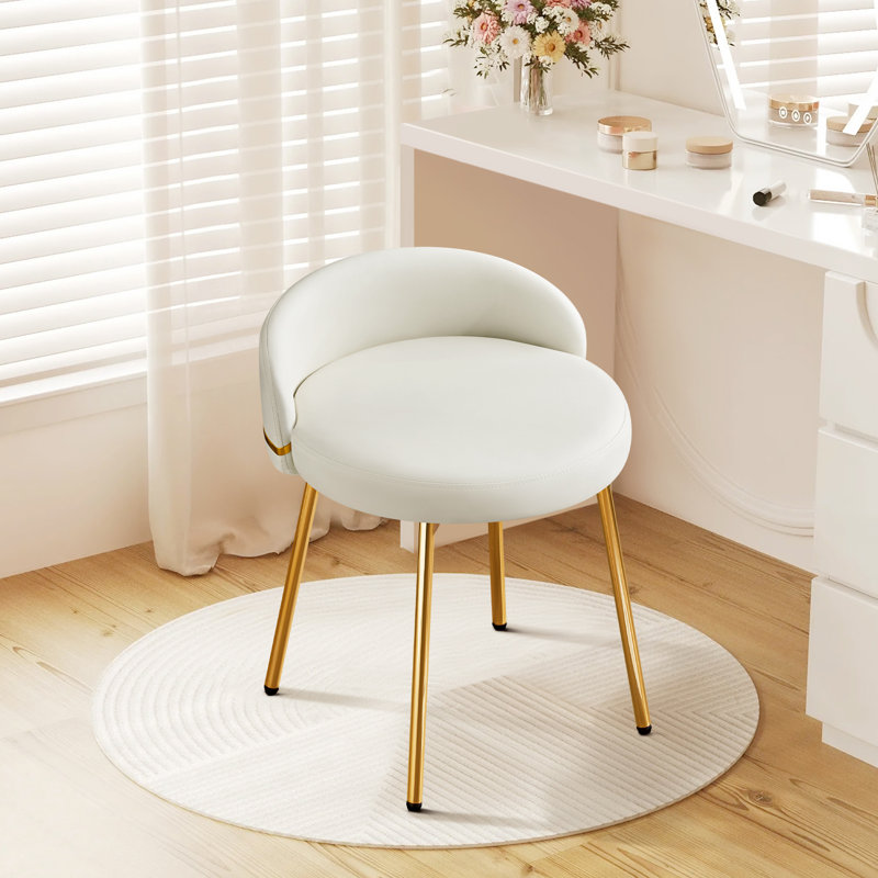 Vanity Chair with Low Back Accent Stool Makeup Chair for Bedroom Bathroom and Living Room, Faux Leather, White